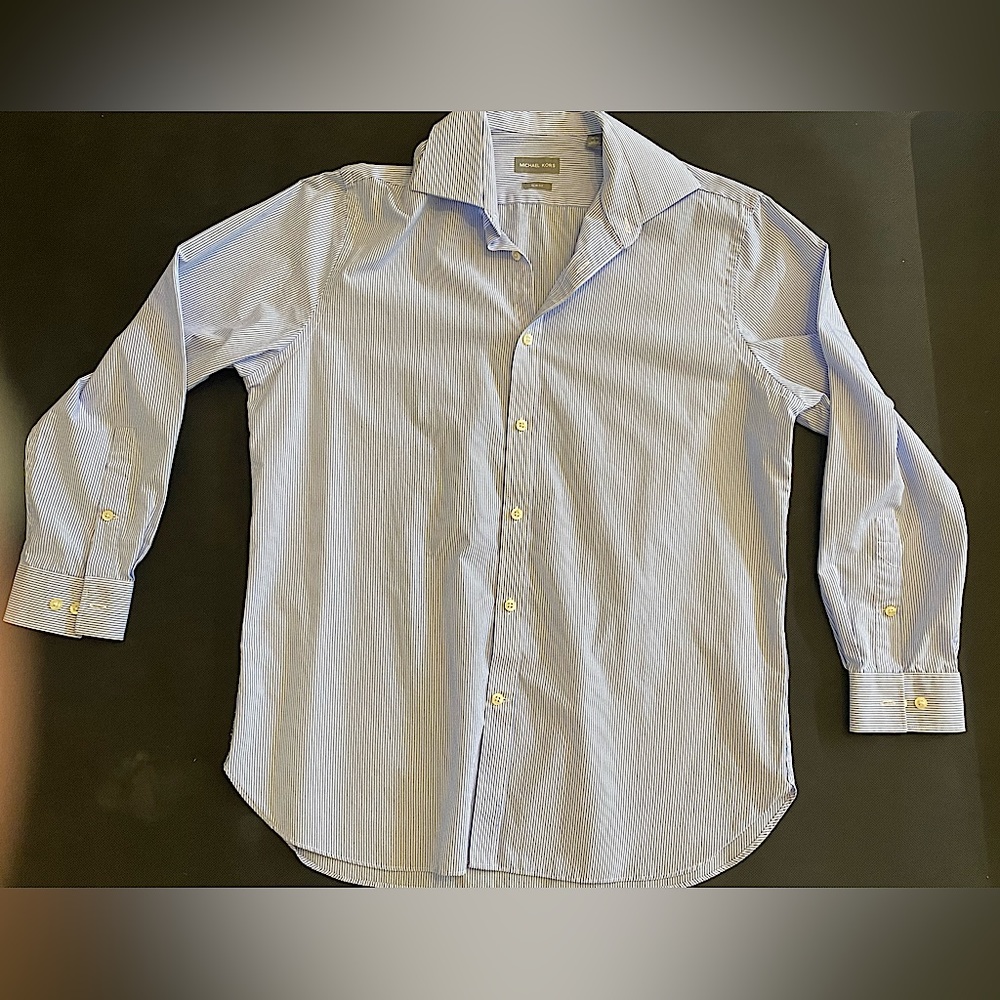 Michael Kors slim fit light blue and white stripe dress shirt with pearl buttons